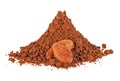 Heap of cocoa powder with cocoa beans on white background Royalty Free Stock Photo