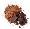 Heap of cocoa powder and chocolate pieces isolated on white background Royalty Free Stock Photo