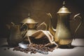 Heap of coffee beans in burlap sack with a vintage spoon and different vintage turkish coffeepots on canvas background