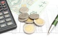 Heap of coins, paper money, calculator and pen on spreadsheet Royalty Free Stock Photo