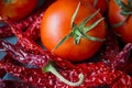 Heap of colorful red dried hot chili peppers on dark concrete background, tomato, cooking, spices, healthy food, mexican, italian