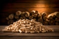 Heap of compressed wood pellets on wooden floor. Ecological heating, biofuel from wooden pellets in a wooden house. Generative Ai