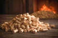 Heap of compressed wood pellets on wooden floor. Ecological heating, biofuel from wooden pellets in a wooden house. Generative Ai