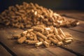 Heap of compressed wood pellets on wooden floor. Ecological heating, biofuel from wooden pellets in a wooden house. Generative Ai