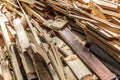 Heap of construction wooden debris close-up.