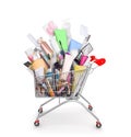 Heap of cosmetic in shopping trolley isolated