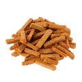 Heap crunchy brown rye sticks croutons isolated on white background.