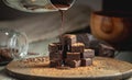 Heap of delicious cubes of bitter dark chocolate sprinkled with cocoa powder and poured with liquid chocolate