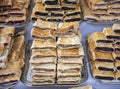 Heap of delicoius strudel stuffed with poppy apfel and cherry