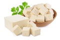 Heap of diced tofu cheese isolated on white background with clipping path and full depth of field, Royalty Free Stock Photo