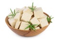 Heap of diced tofu cheese in wooden bowl isolated on white background with clipping path and full depth of field, Royalty Free Stock Photo