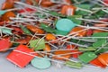 Heap of different fixed capacitors, close-up in selective focus