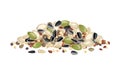 Heap of different seeds isolated on a white background. Sunflower, pumpkin, sesame, flaxseed, quinoa and hemp seeds.
