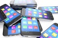 Heap of the different smartphones with application on the screen. Modern technology concept background, 3d illustration