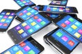 Heap of the different smartphones with application on the screen. Modern technology concept background, 3d illustration