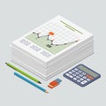 Heap of documents accompanied by pen, pencil and calculator Royalty Free Stock Photo
