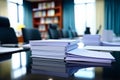 Heap of documents on modern office table in corporate meeting room. Document and paperwork concept. Paperwork pile on office table Royalty Free Stock Photo