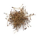 Heap of dried cherry stalks close up on white background