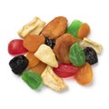 Heap of dried fruit, tutti frutti, on white background close up