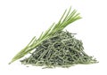 Heap of dried rosemary and fresh rosemary twig isolated on white background. Ground seasoning, herbs and spices Royalty Free Stock Photo