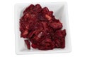 Heap of dried strawberries in white squaer bowl Royalty Free Stock Photo