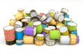 Heap of drums or drumset lying on white background