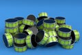 Heap of drums or drumset lying on blue background