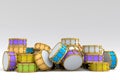 Heap of drums or drumset lying on white background