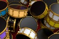 Heap of drums or drumset lying on white background Royalty Free Stock Photo