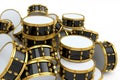 Heap of drums or drumset lying on white background Royalty Free Stock Photo