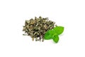 Heap of dry herbal mint tea and fresh peppermint on background, isolated