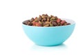 Heap of dry pet food in blue plastic bowl Royalty Free Stock Photo