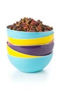 Heap of dry pet food in plastic bowl Royalty Free Stock Photo