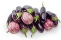 Heap of eggplants two varieties on a white background Royalty Free Stock Photo
