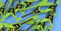 Heap of electric guitars isolated on blue background.