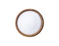 Heap of erythritol isolated on white background. Top view. Sugar substitute on white background. Wooden bowl of erythritis isolate