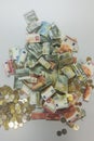 Heap of euro coins and bank notes Royalty Free Stock Photo