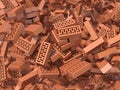 Heap of falling, flying, scattered bricks