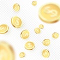Heap falling golden coins isolated on transparent background. Shiny metal dollar rain. Casino jackpot win. Vector illustration Royalty Free Stock Photo