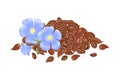 Heap of flax seeds and blue flowers isolated on white background.