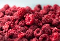 Heap of freeze dried raspberries close-up. Dehydrated food background Royalty Free Stock Photo