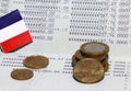 Heap of French franc coin money and mini France flag on the book bank. Concept of Saving money