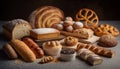 Heap of fresh baked bread on wooden background. Assortment of fresh delicious baked bread on dark background. generative ai