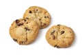 Heap of fresh baked chocolate cranberry cookie close up on white background