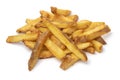 Heap of fresh baked French peel potato fries on white background close up