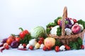 Heap of fresh fruits and vegetables on wooden background Royalty Free Stock Photo