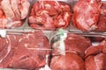 Heap of fresh meat food meat food background in supermarket store. Different types of raw meat in plastic boxes, leg of Royalty Free Stock Photo