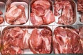 Heap of fresh meat food meat food background in supermarket store. Different types of raw meat in plastic boxes, leg of Royalty Free Stock Photo