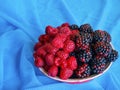 Healthy organic Fresh mixed berries on blue background. Royalty Free Stock Photo