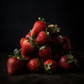 Heap of fresh ripe strawberries on black background. Low key.